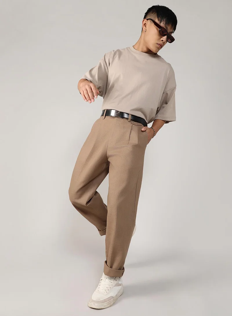 CAHOOT  Men's Camel Brown Tailored Linen-Blend Trousers For Casual Wear | 4 Pockets | Mid- Rise | Button Closure | Trousers Crafted With Comfort Fit For Everyday Wear for Men | Best Price UAE